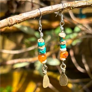 Handmade Vintage Genuine Turquoise Heishi Carnelian Stone Mixed Metal Earrings